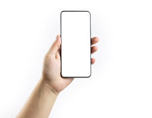 Hand holding a black smartphone with a white screen. with copy space. Designing a frameless smartphone application