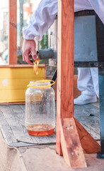Beekeeper's hand opening the lid of the honey extraction centrifuge. Detail of virgin honey from bees filling a container. Beekeeping business concept. Selective focus.