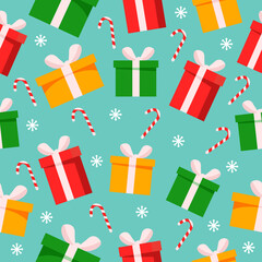 Holiday decor, colored gift boxes and candies on a blue background. Christmas theme. Seamless pattern. Can be used for wallpaper, fill web page background, surface textures