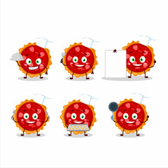 Cartoon character of strawberry tart with various chef emoticons