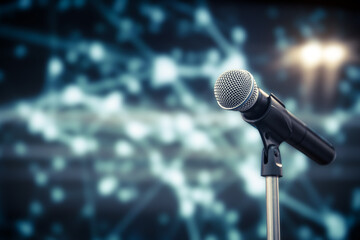 Microphone Public speaking background, Hand is holding microphone on stand for speaker speech presentation stage performance with blur and bokeh light background.