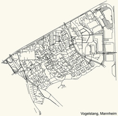 Fototapeta na wymiar Detailed navigation urban street roads map on vintage beige background of the quarter Vogelstang district of the German regional capital city of Mannheim, Germany