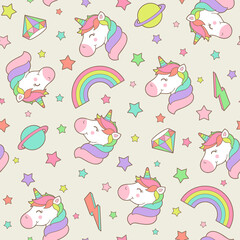 Cute pastel unicorn, rainbow, diamond, saturn and thunder seamless pattern with star background.