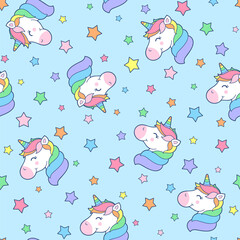 Fototapeta premium Cute pastel unicorn seamless pattern with star background.