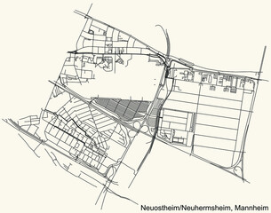 Detailed navigation urban street roads map on vintage beige background of the quarter Neuostheim/Neuhermsheim district of the German regional capital city of Mannheim, Germany