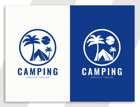 Camping or tent logo design with tree and sun illustration
