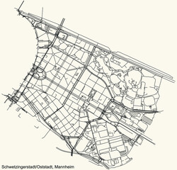 Detailed navigation urban street roads map on vintage beige background of the quarter Schwetzingerstadt/Oststadt district of the German regional capital city of Mannheim, Germany