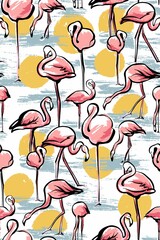 Seamless pattern. Pink flamingo at sunset in the water, white background. Sketch by hand. Stylish fashion pattern. Vector.