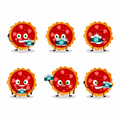 Photographer profession emoticon with strawberry tart cartoon character