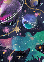 Poster collage with watercolor, golden and graphic elements. Space, bird, stars and planets. - 464630901