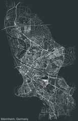Detailed negative navigation urban street roads map on dark gray background of the German regional capital city of Mannheim, Germany