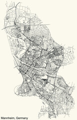 Detailed navigation urban street roads map on vintage beige background of the German regional capital city of Mannheim, Germany