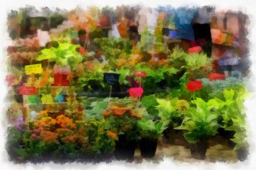 tree shop watercolor style illustration impressionist painting.