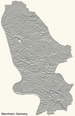 Topographic positive relief map of the city of Mannheim, Germany with black contour lines on beige background