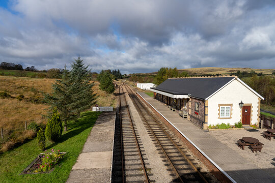 Blaenavon monmouthshire Wales  Heritage Railway   view looking down from the over pass to the station building and line