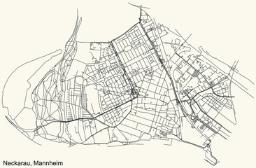 Detailed navigation urban street roads map on vintage beige background of the quarter Neckarau district of the German regional capital city of Mannheim, Germany