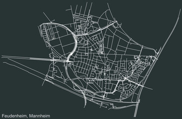Detailed navigation urban street roads map on vintage beige background of the quarter Feudenheim district of the German regional capital city of Mannheim, Germany