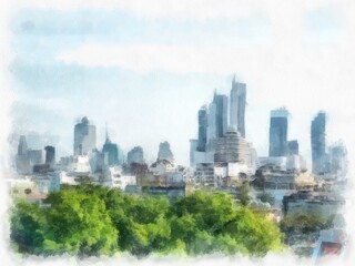 landscape of buildings in the city watercolor style illustration impressionist painting.