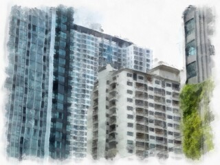 landscape of tall buildings in the city watercolor style illustration impressionist painting.