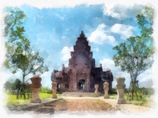 Fototapeta premium Ancient architecture of Thailand watercolor style illustration impressionist painting.
