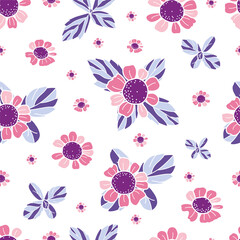 Vector textured painted flower seamless pattern background with hand-drawn elements