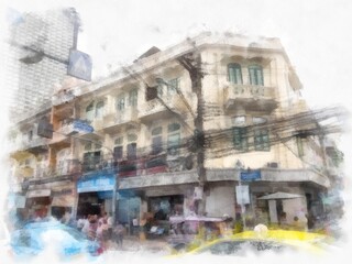 Fototapeta na wymiar landscape of buildings in the city watercolor style illustration impressionist painting.