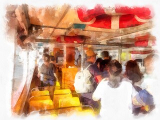 passengers on board watercolor style illustration impressionist painting.