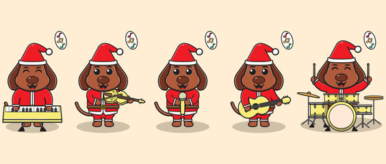 Vector illustration of Cute Dog Santa Claus play a musical instrument. Good for icon, label, sticker, clipart.
