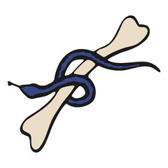 Vector isolated element, anatomy, bone with snake. Hand drawn colored illustration. Design for card, print, logos, poster. Halloween theme. Floral theme.