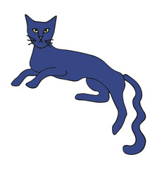 Vector isolated element, .blue cat. A recumbent cat. Hand drawn colored illustration. Design for card, print, logos, poster. Halloween theme. Animal theme.