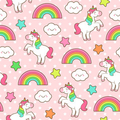 Fototapeta premium Cute unicorn, rainbow, cloud and star seamless pattern with little star background.