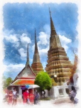 Ancient architecture of Thailand watercolor style illustration impressionist painting.