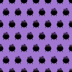 Seamless pattern with black witch cauldron. Halloween background.