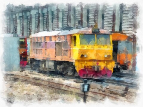 train locomotive watercolor style illustration impressionist painting.