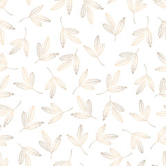 Autumn seamless pattern for textile, fabric manufacturing, wallpaper, covers, surface, print, gift wrap, scrapbooking. Leaves composed of gold art line art leaves on white background.