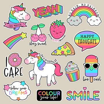 Set of fashion patches, cute colorful badges, inspirational quotes, fun cartoon icons design vector.
