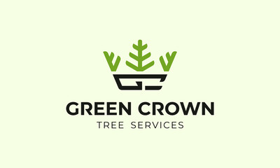 vector graphic illustration logo design for green crown. combination monogram letter GC, green leaves, and crown shape