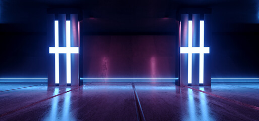 Sci Fi Cyber Futuristic Spaceship Tunnel Corridor Glowing Blue White Purple Lights Metal Columns Showroom Warehouse Underground Cement Concrete Glossy Floor Background Realistic 3D Rendering