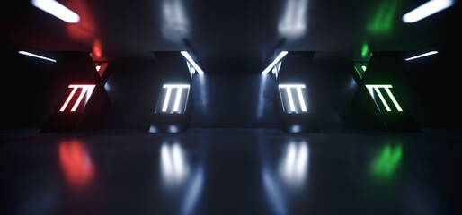 Sci Fi Cyber Futuristic Spaceship Tunnel Corridor Glowing Blue White Purple Lights Metal Columns Showroom Warehouse Underground Cement Concrete Glossy Floor Background Realistic 3D Rendering