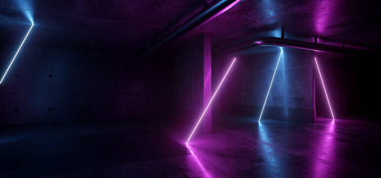 Neon Purple Blue Laser Lines Sci Fi Futuristic Metal Reflective Showroom Stage Podium Fashion Tunnel Corridor Hallway Garage Show Underground 3D Rendering © IM_VISUALS