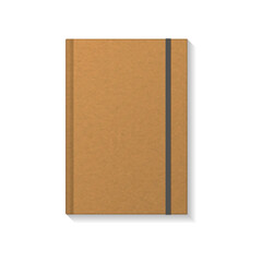Blank brown kraft paper book or notebook with black elastic bookmark mockup template.