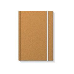 Blank brown kraft paper book or notebook with white elastic bookmark mockup template.