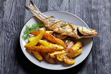 Roasted sea bass on a plate with french fries