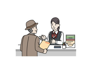 郵便局を利用する男性　窓口　店内　郵便物　イラスト素材