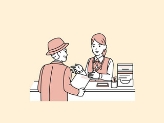 郵便局を利用する男性　窓口　店内　郵便物　イラスト素材
