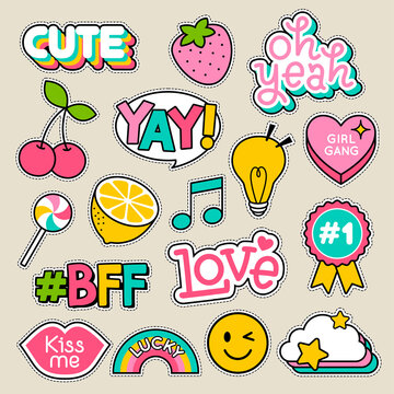 Set of fashion patches, cute pastel badges, fun cartoon icons design vector.