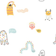 Fototapeta premium Monster Halloween seamless pattern with lettering. Cute cartoon characters in simple hand-drawn Scandinavian style. Vector childish funny doodle illustration. Baby clothes, textiles, fabric.