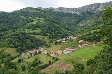 Panoramic view of the medieval town of Bandujo in Asturias