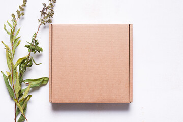Brown cardboard mailer box decorated with dried leaves