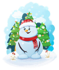 Snowman, Christmas trees with lights, berries